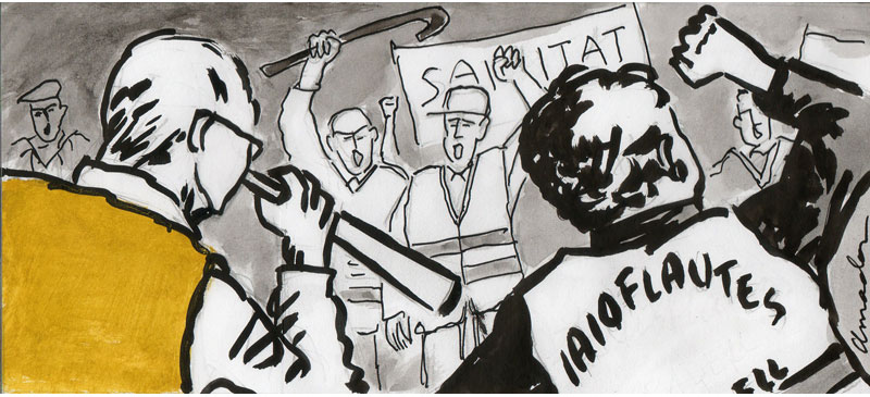 Il·lustració d’Amador per una notícia de societat del diari digital iSabadell titulada ‘Els iaioflautes de Sabadell protesten al Taulí’.